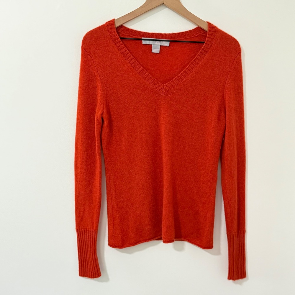 100% Cashmere Sweater Womens Large Orange V Neck Quiet Luxury Old Money Academia